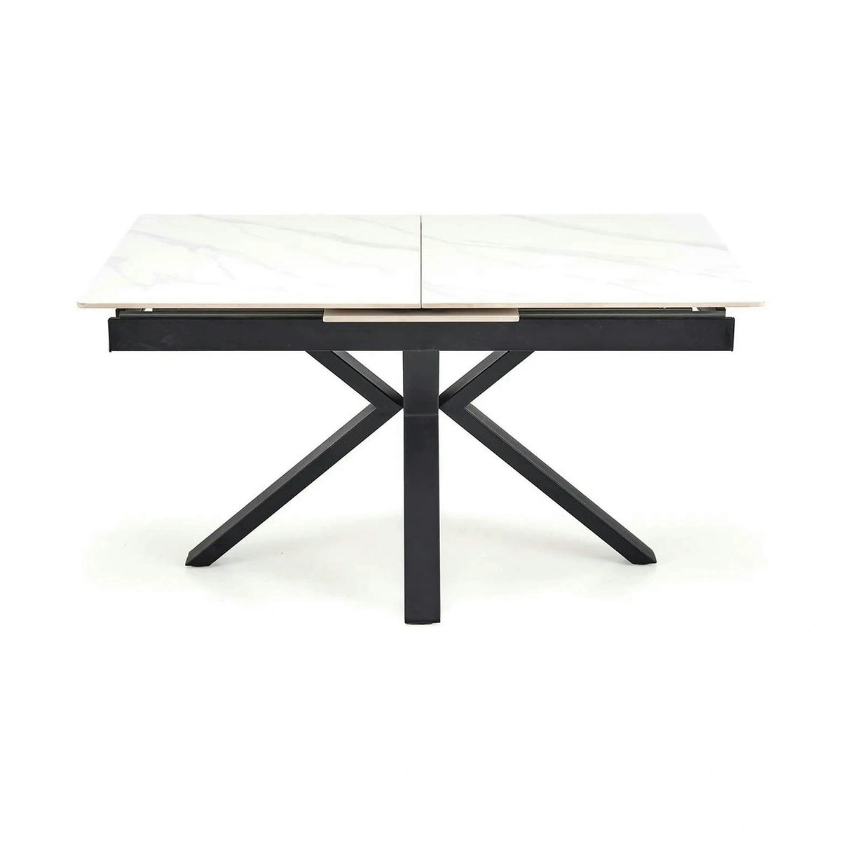 Masa extensibila PLATAN, alb cu efect de marmura/negru, piatra sinterizata/otel, 140/180x85x76 cm