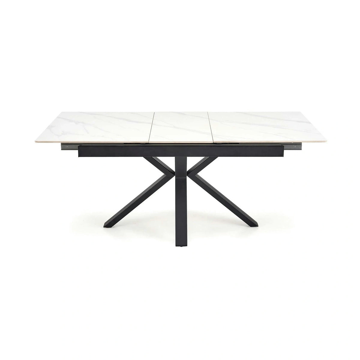 Masa extensibila PLATAN, alb cu efect de marmura/negru, piatra sinterizata/otel, 140/180x85x76 cm