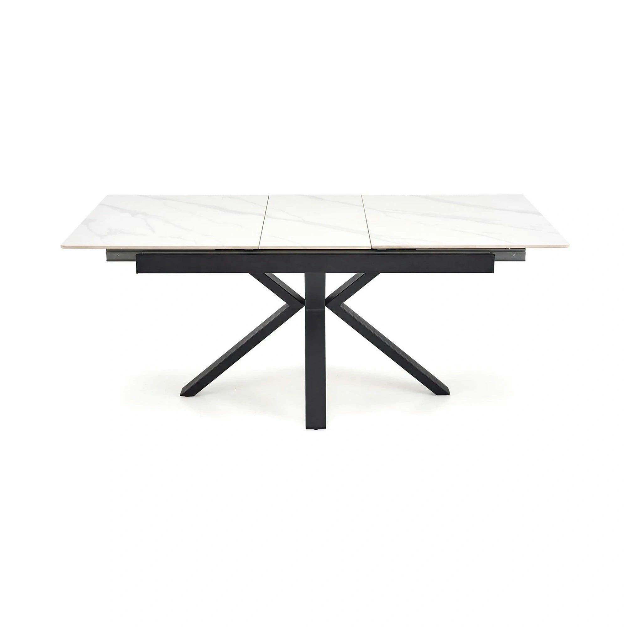 Masa extensibila PLATAN, alb cu efect de marmura/negru, piatra sinterizata/otel, 140/180x85x76 cm
