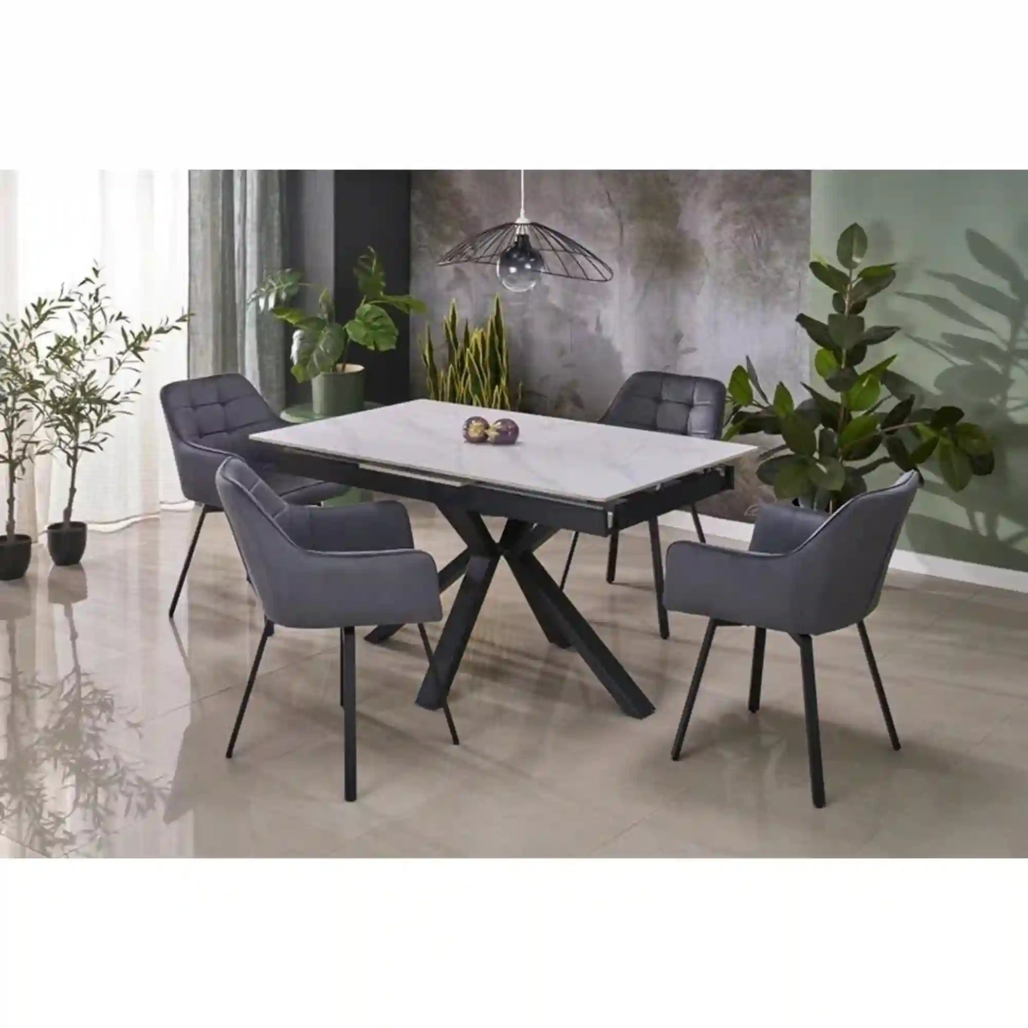 Masa extensibila PLATAN, alb cu efect de marmura/negru, piatra sinterizata/otel, 140/180x85x76 cm