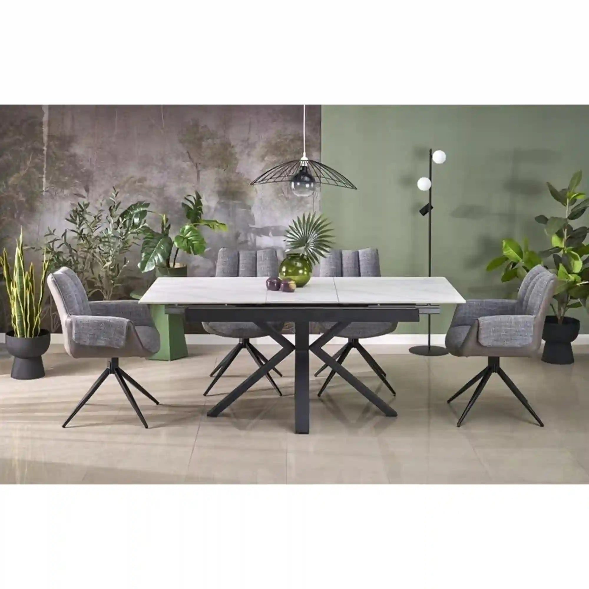 Masa extensibila PLATAN, alb cu efect de marmura/negru, piatra sinterizata/otel, 140/180x85x76 cm