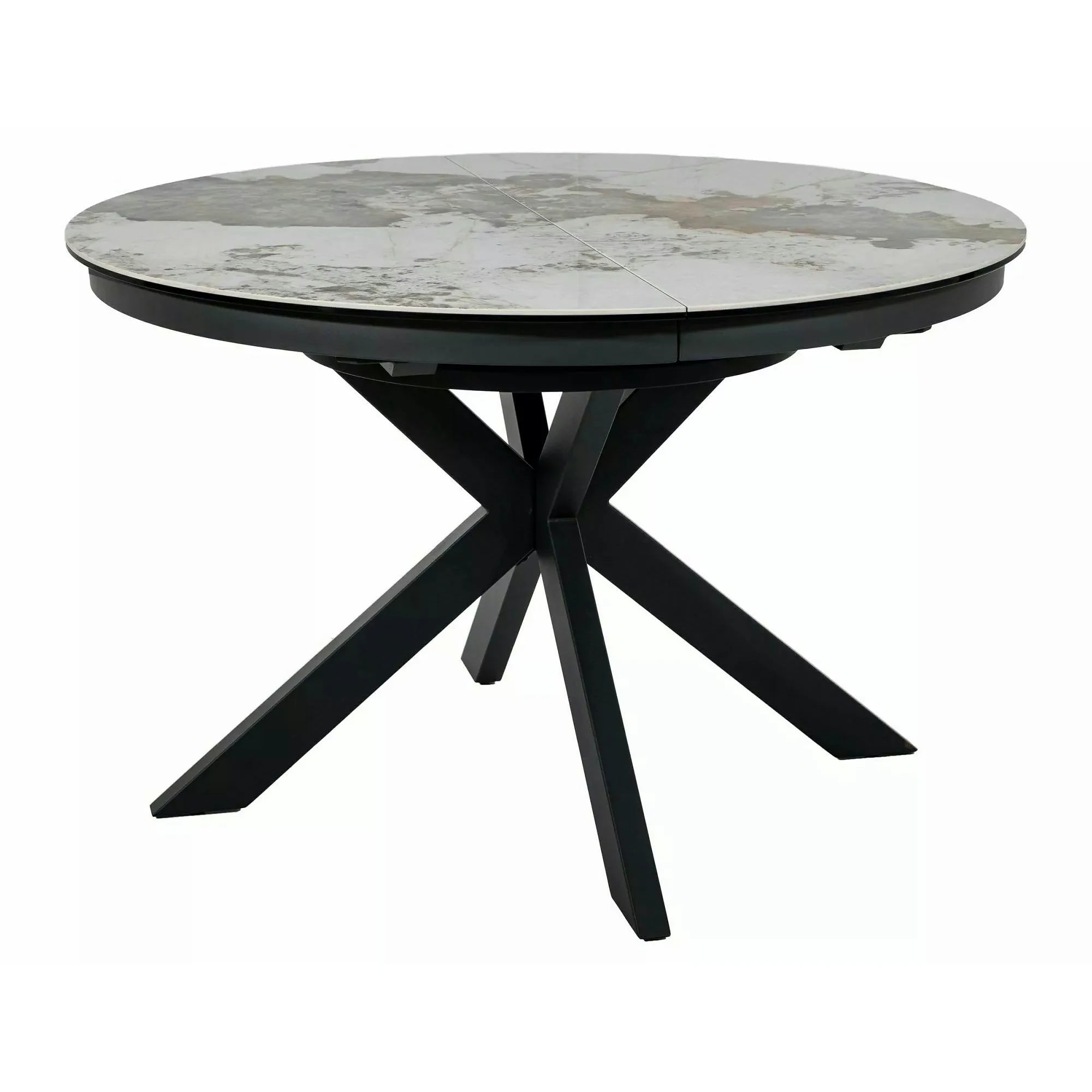 Masă extensibilă PORTO, alb lucios/negru, sticlă securizată/ceramică/metal, 120–160x120x76 cm