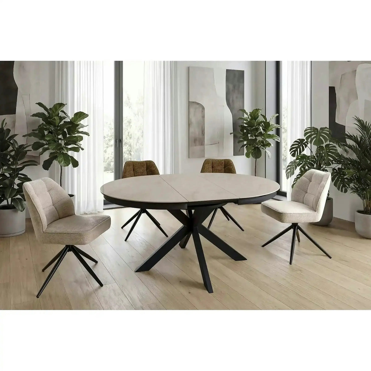 Masă extensibilă PORTO, bej lucios/negru, sticlă securizată/ceramică/metal, 120–160x120x76 cm