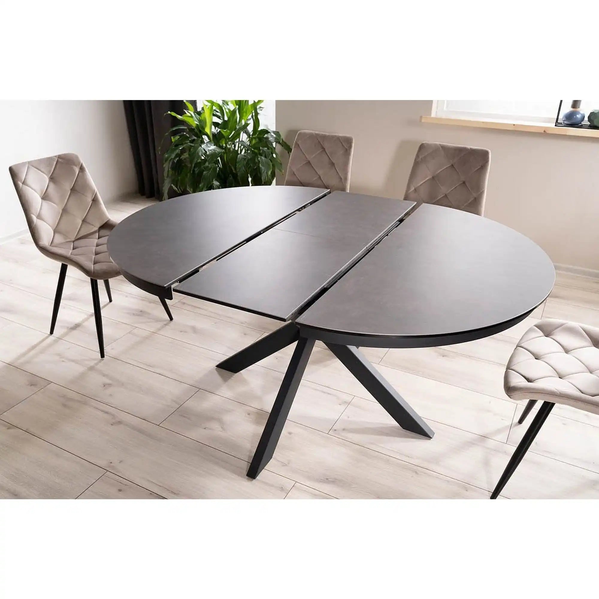 Masa extensibila PORTO, gri inchis/negru mat, sticla securizata/metal, 120/160x120x76 cm