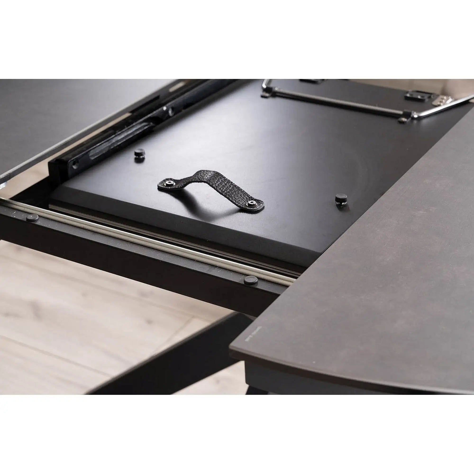 Masa extensibila PORTO, gri inchis/negru mat, sticla securizata/metal, 120/160x120x76 cm