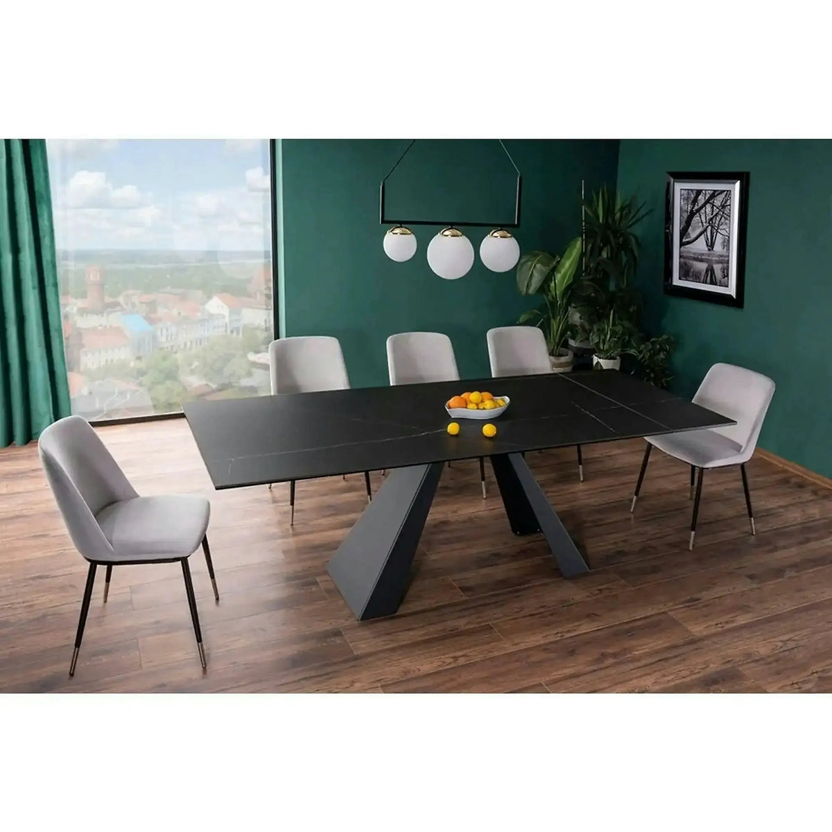 Masa extensibila SALVADORE CERAMIC, negru mat cu efect de marmura, sticla securizata/ceramica, 160/240x90x76 cm