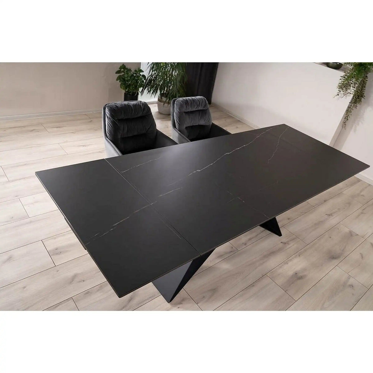 Masa extensibila SALVADORE CERAMIC, negru mat cu efect de marmura, sticla securizata/ceramica, 160/240x90x76 cm