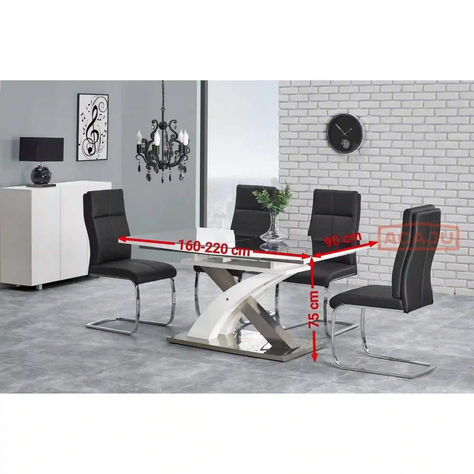 Masa extensibila SANDOR, negru/alb/crom, sticla securizata/otel, 160/220x90x78 cm