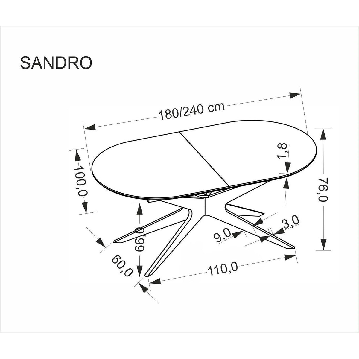 Masa extensibila SANDRO, negru, 180/240x100x76 cm