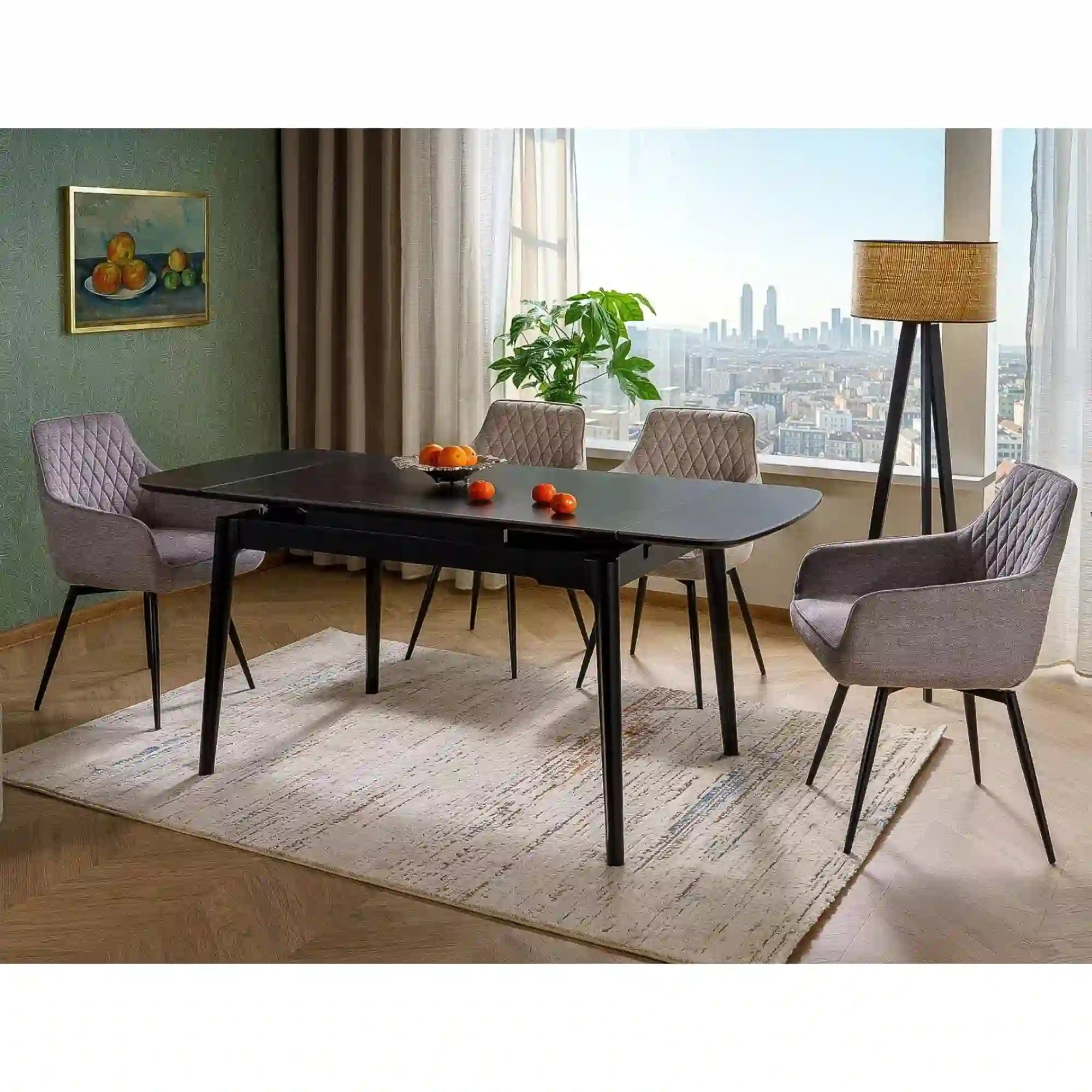 Masa extensibila SENTO, negru mat cu efect de marmura, ceramica/lemn, 120/180x80x76 cm