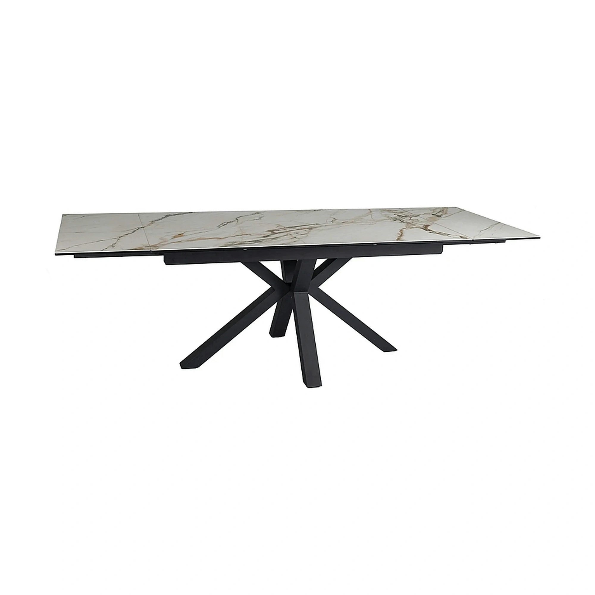 Masa extensibila sticla securizata COLUMBUS, alb cu efect de marmura/negru, sticla/ceramica/metal, 160/240x90x76 cm
