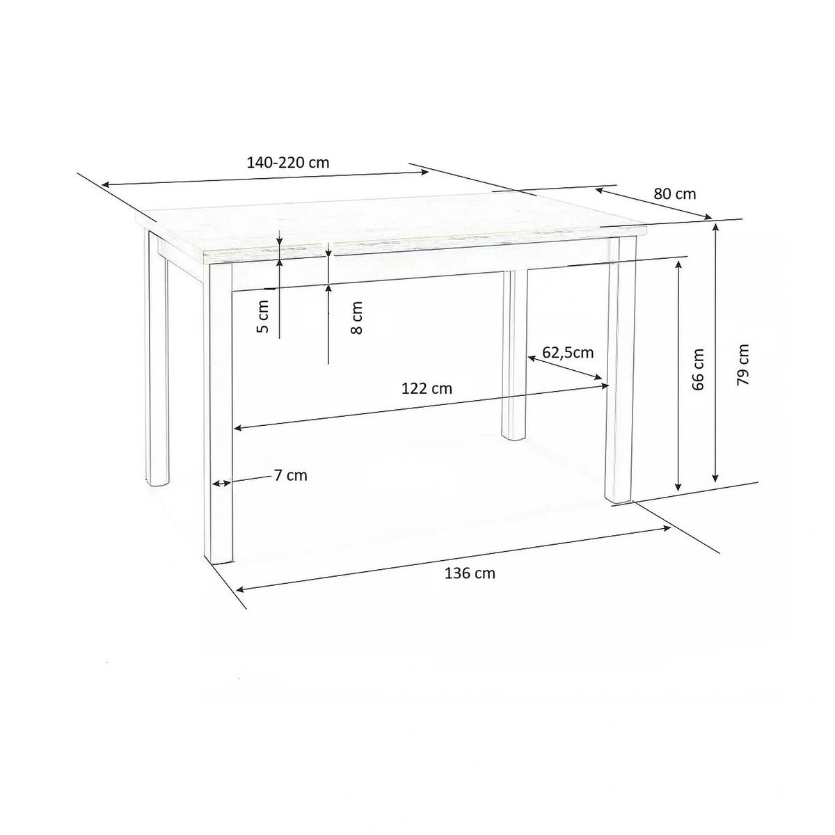 Masa extensibila TIAGO 2, alb, 140/220x80x76 cm