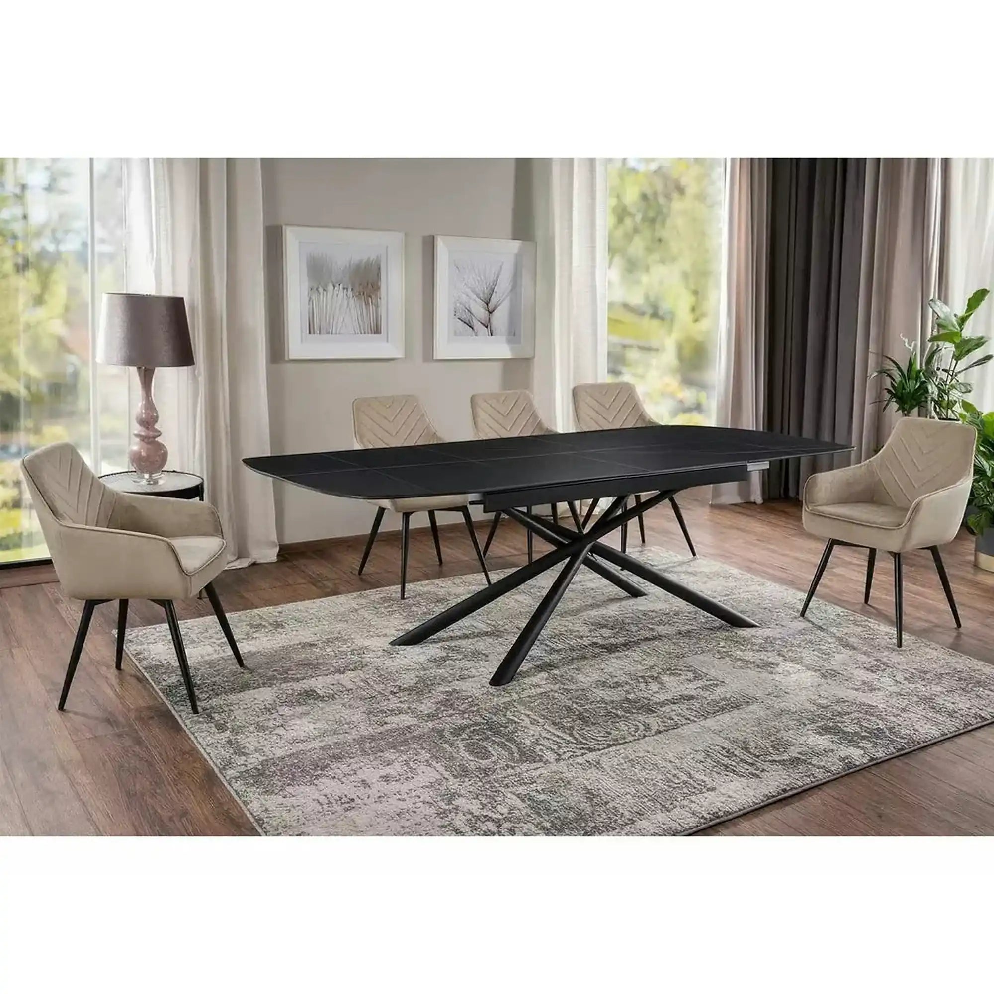 Masa extensibila VECTOR, negru mat cu efect de marmura, ceramica/metal, 180/220x90x76 cm