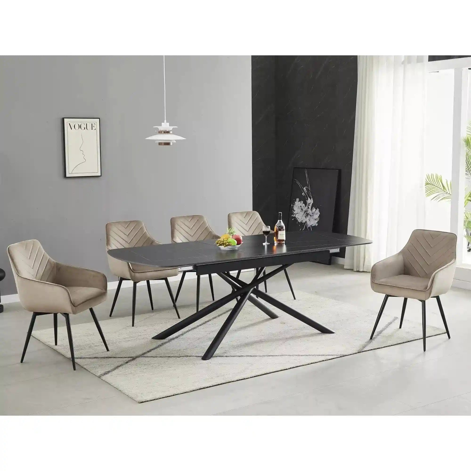 Masa extensibila VECTOR, negru mat cu efect de marmura, ceramica/metal, 180/220x90x76 cm