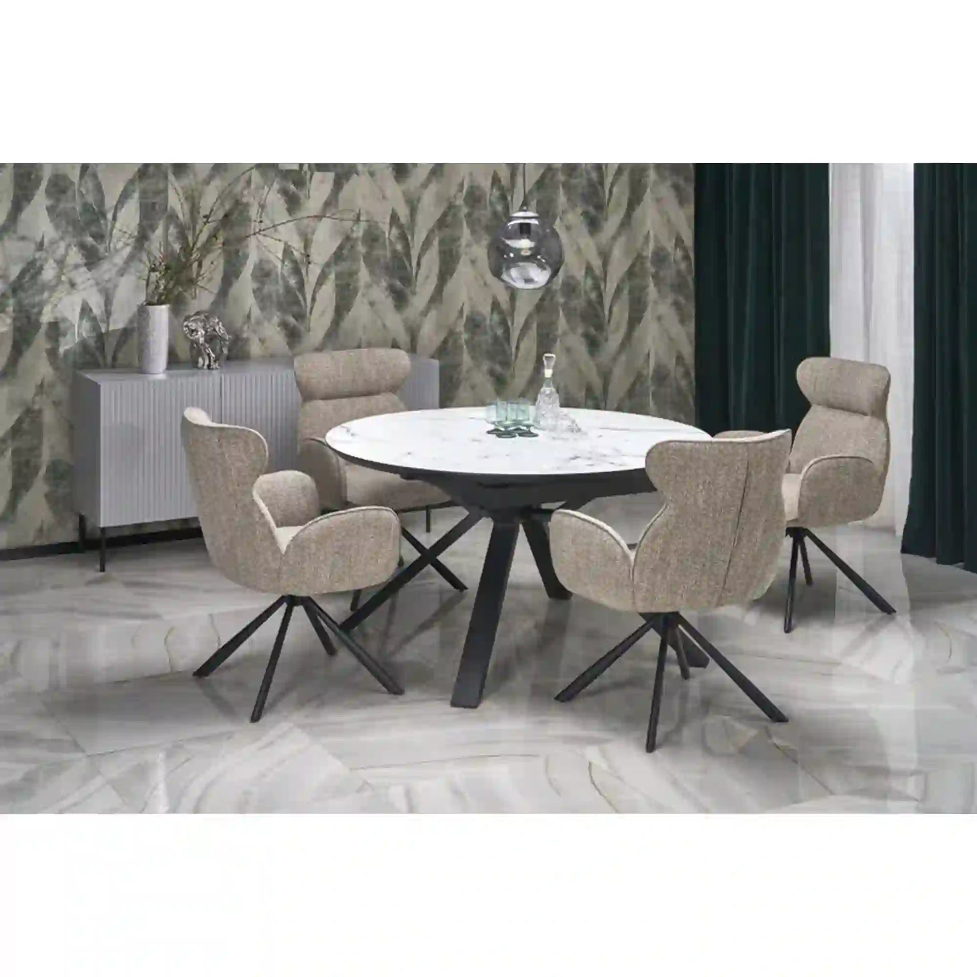 Masa extensibila VERTIGO, alb cu efect de marmura/negru, 130/180x130x76 cm