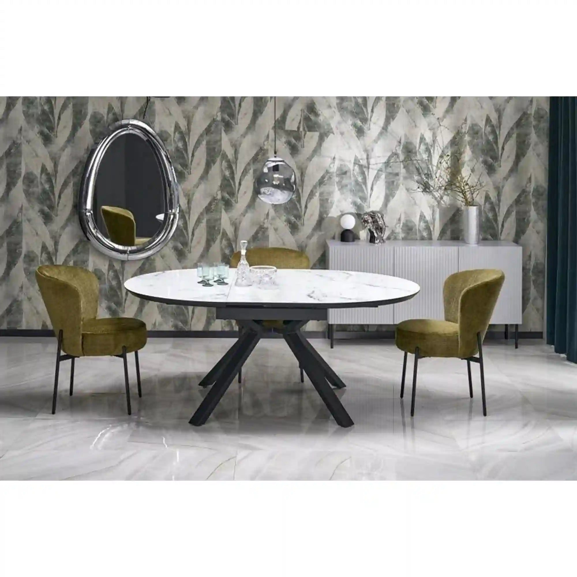 Masa extensibila VERTIGO, alb cu efect de marmura/negru, 130/180x130x76 cm