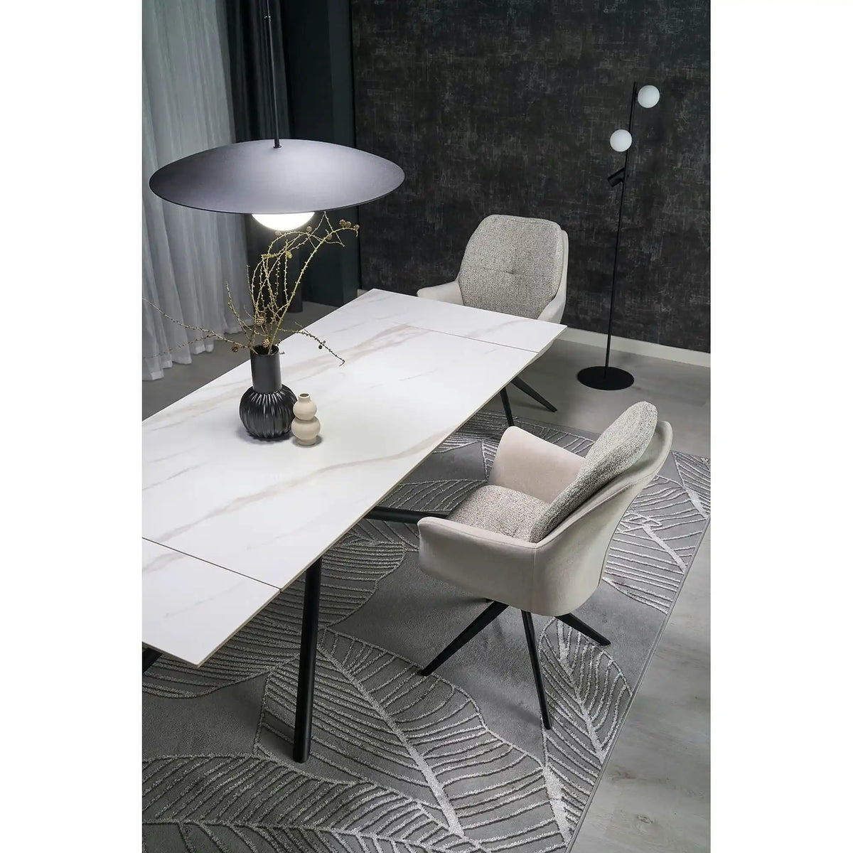Masa extensibila VITORINO, alb cu efect de marmura/negru, piatra sinterizata/otel, 160/220x90x75 cm