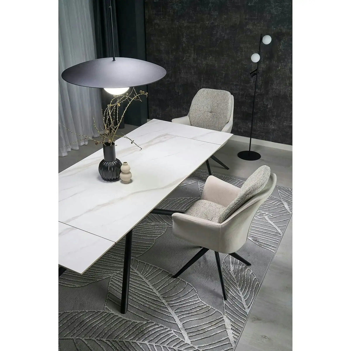 Masa extensibila VITORINO, alb cu efect de marmura/negru, piatra sinterizata/otel, 160/220x90x75 cm