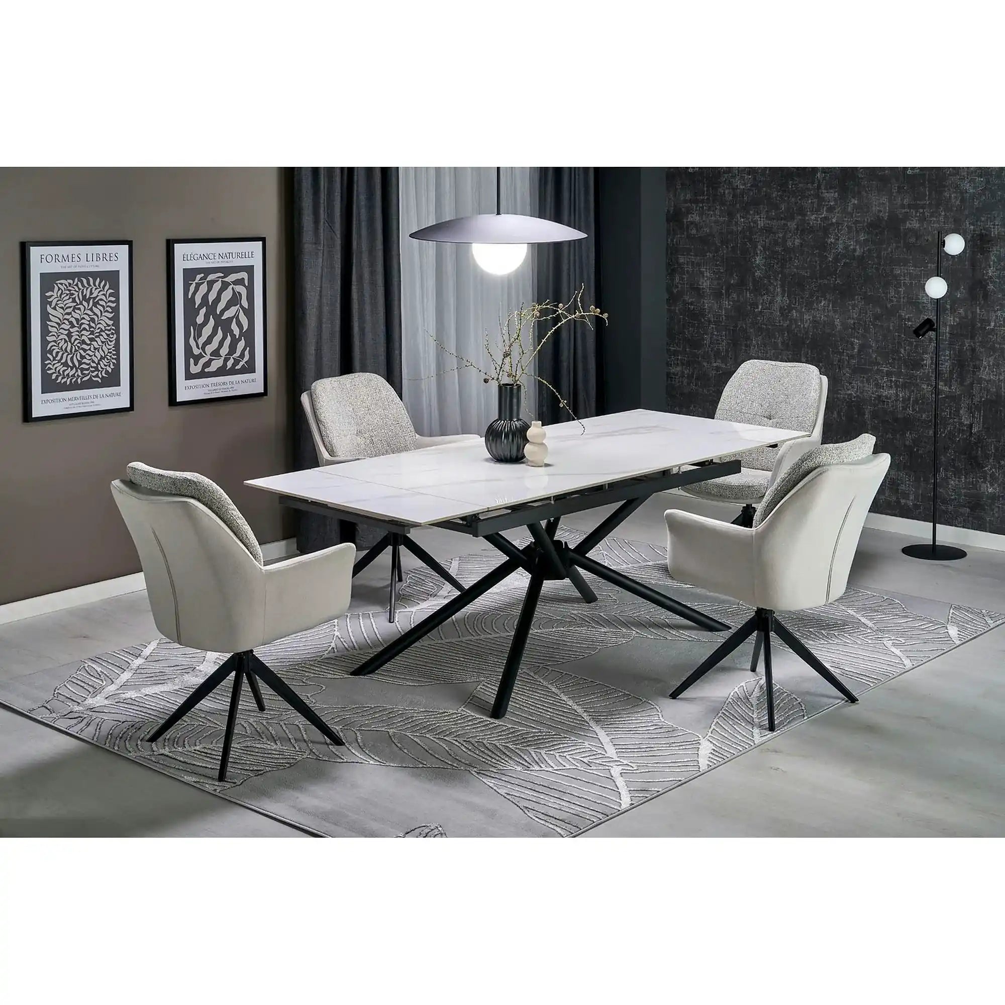 Masa extensibila VITORINO, alb cu efect de marmura/negru, piatra sinterizata/otel, 160/220x90x75 cm