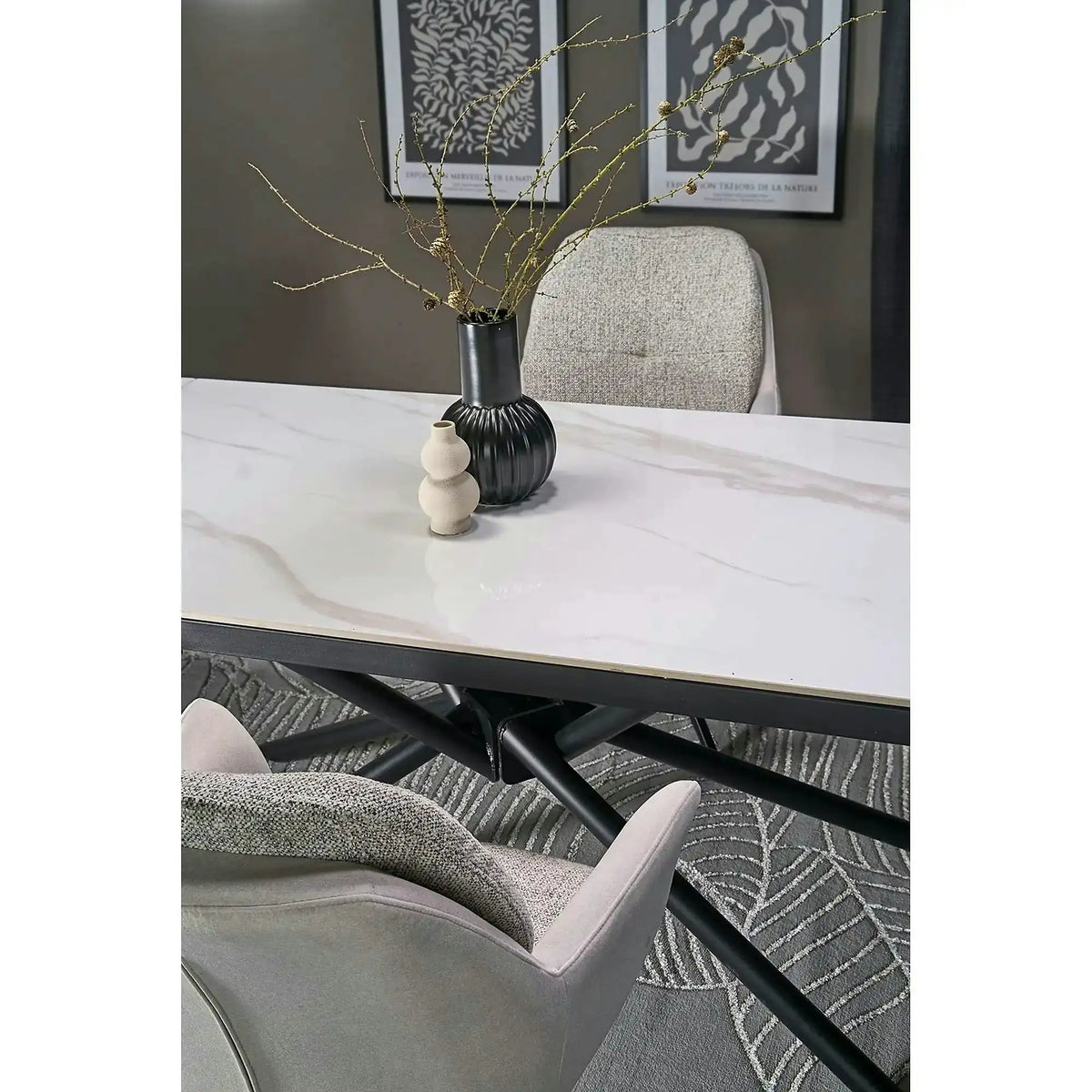 Masa extensibila VITORINO, alb cu efect de marmura/negru, piatra sinterizata/otel, 160/220x90x75 cm