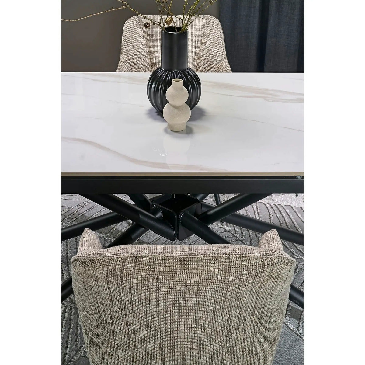 Masa extensibila VITORINO, alb cu efect de marmura/negru, piatra sinterizata/otel, 160/220x90x75 cm