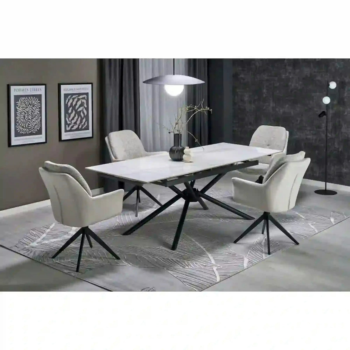 Masa extensibila VITORINO, alb cu efect de marmura/negru, piatra sinterizata/otel, 160/220x90x75 cm