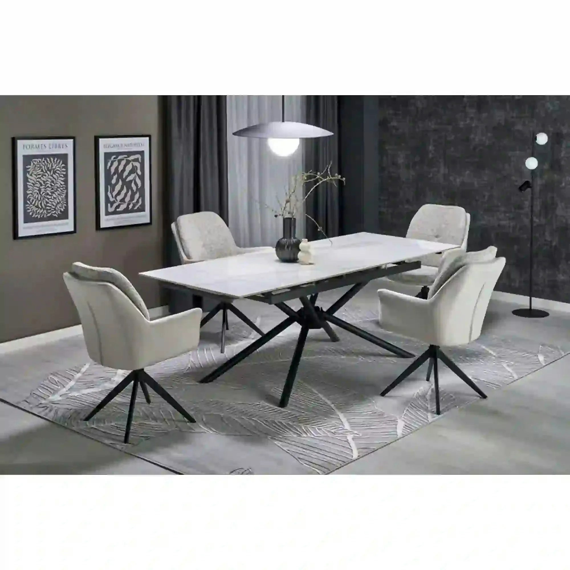 Masa extensibila VITORINO, alb cu efect de marmura/negru, piatra sinterizata/otel, 160/220x90x75 cm