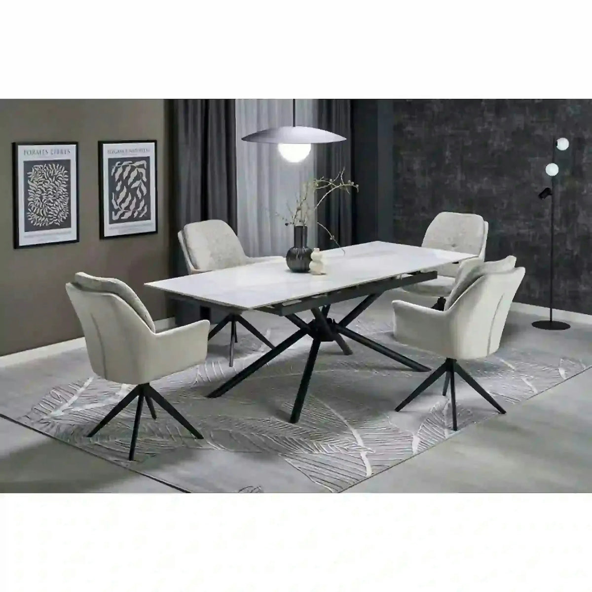Masa extensibila VITORINO, alb cu efect de marmura/negru, piatra sinterizata/otel, 160/220x90x75 cm