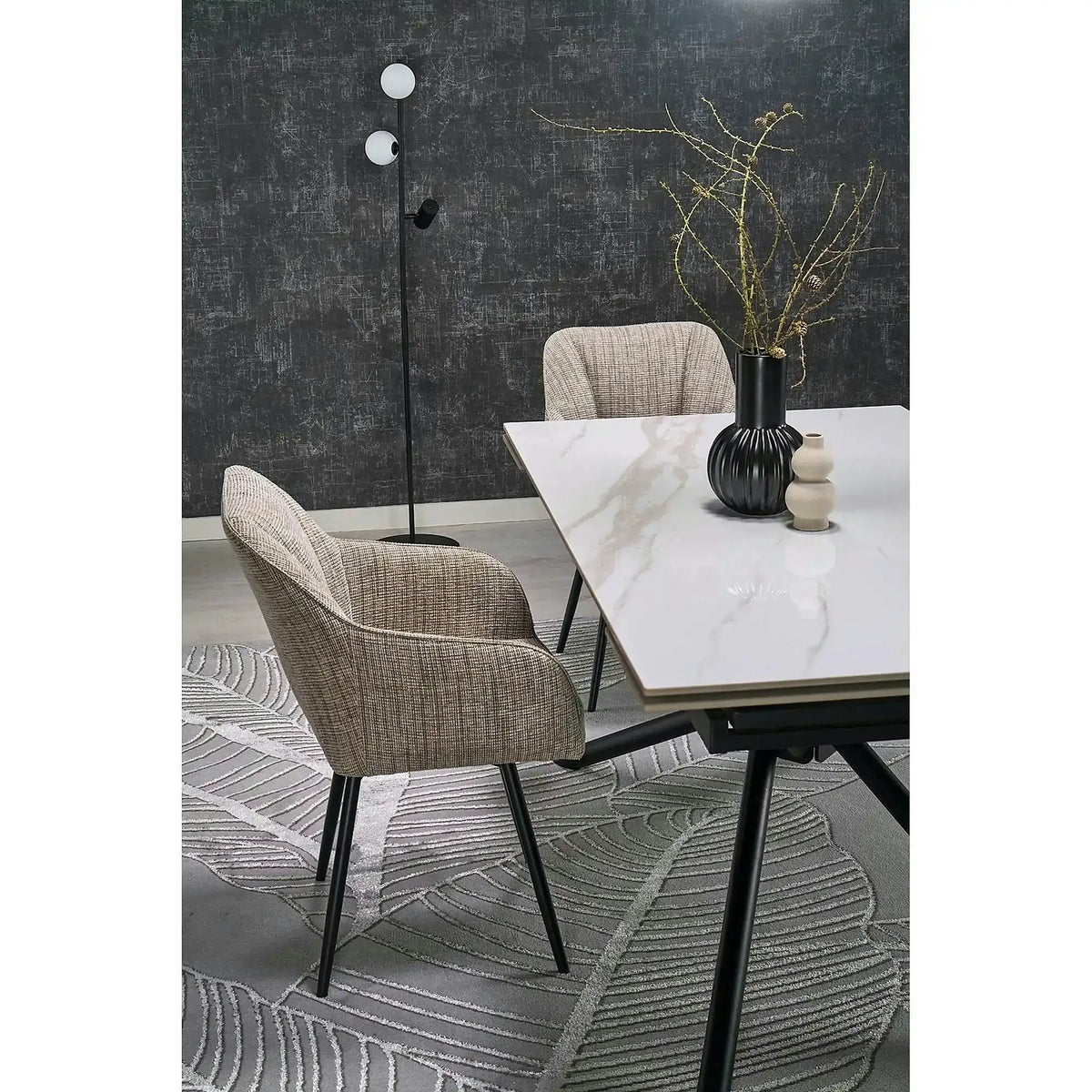 Masa extensibila VITORINO, alb cu efect de marmura/negru, piatra sinterizata/otel, 160/220x90x75 cm