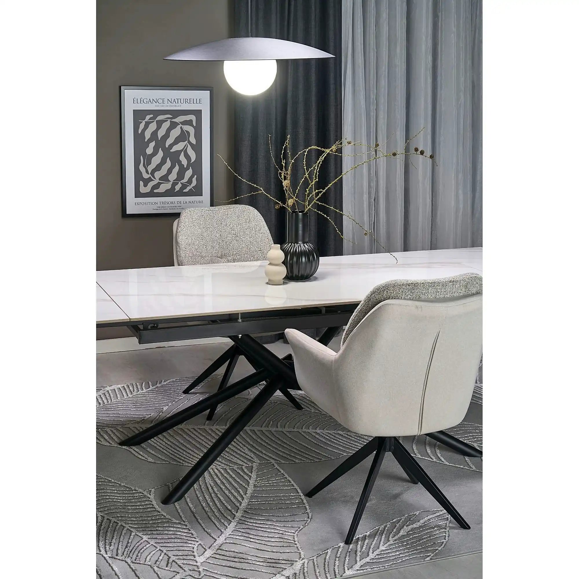 Masa extensibila VITORINO, alb cu efect de marmura/negru, piatra sinterizata/otel, 160/220x90x75 cm