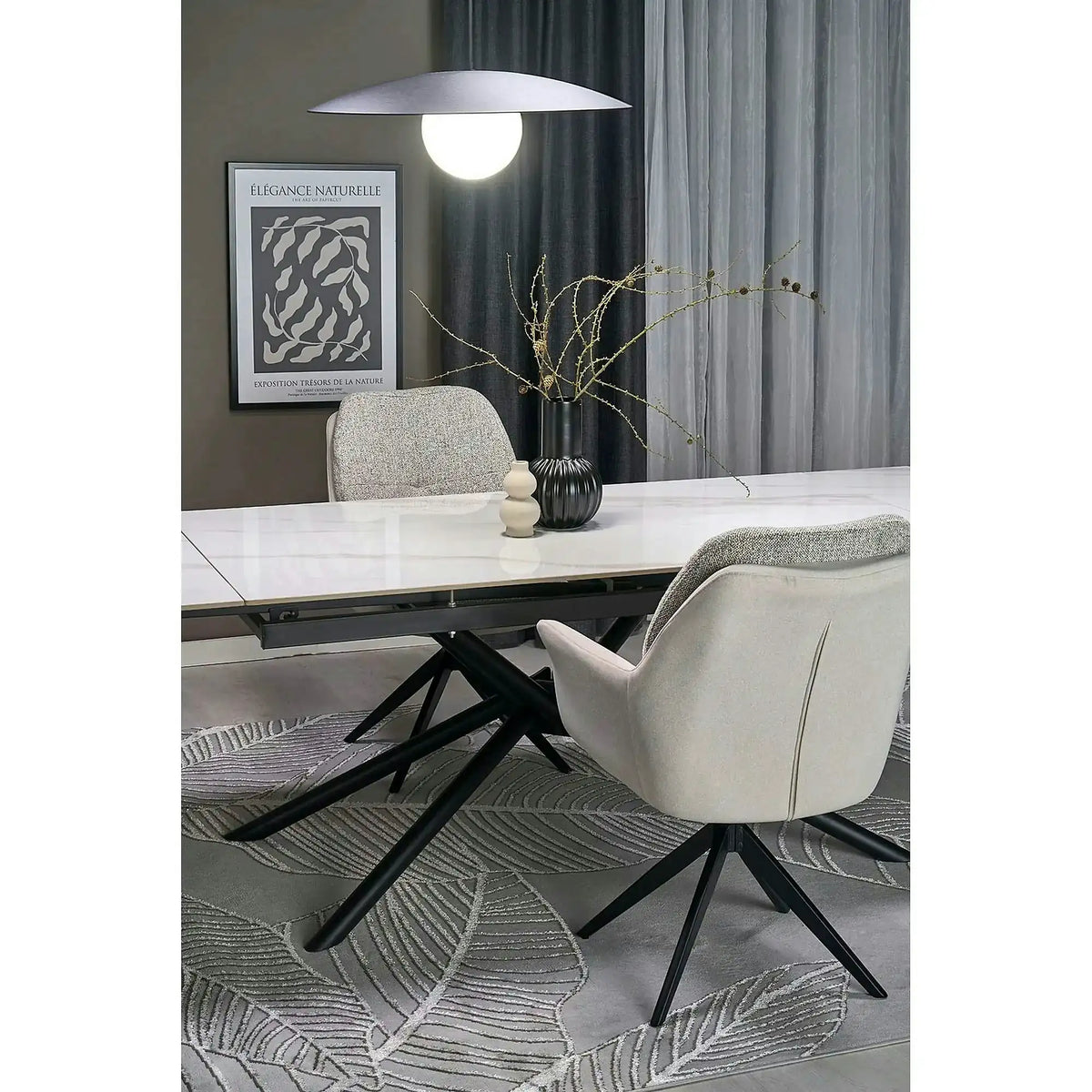 Masa extensibila VITORINO, alb cu efect de marmura/negru, piatra sinterizata/otel, 160/220x90x75 cm