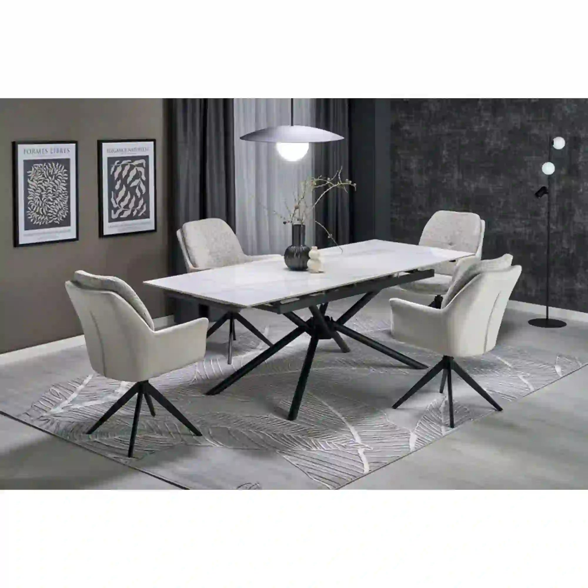 Masa extensibila VITORINO, alb cu efect de marmura/negru, piatra sinterizata/otel, 160/220x90x75 cm