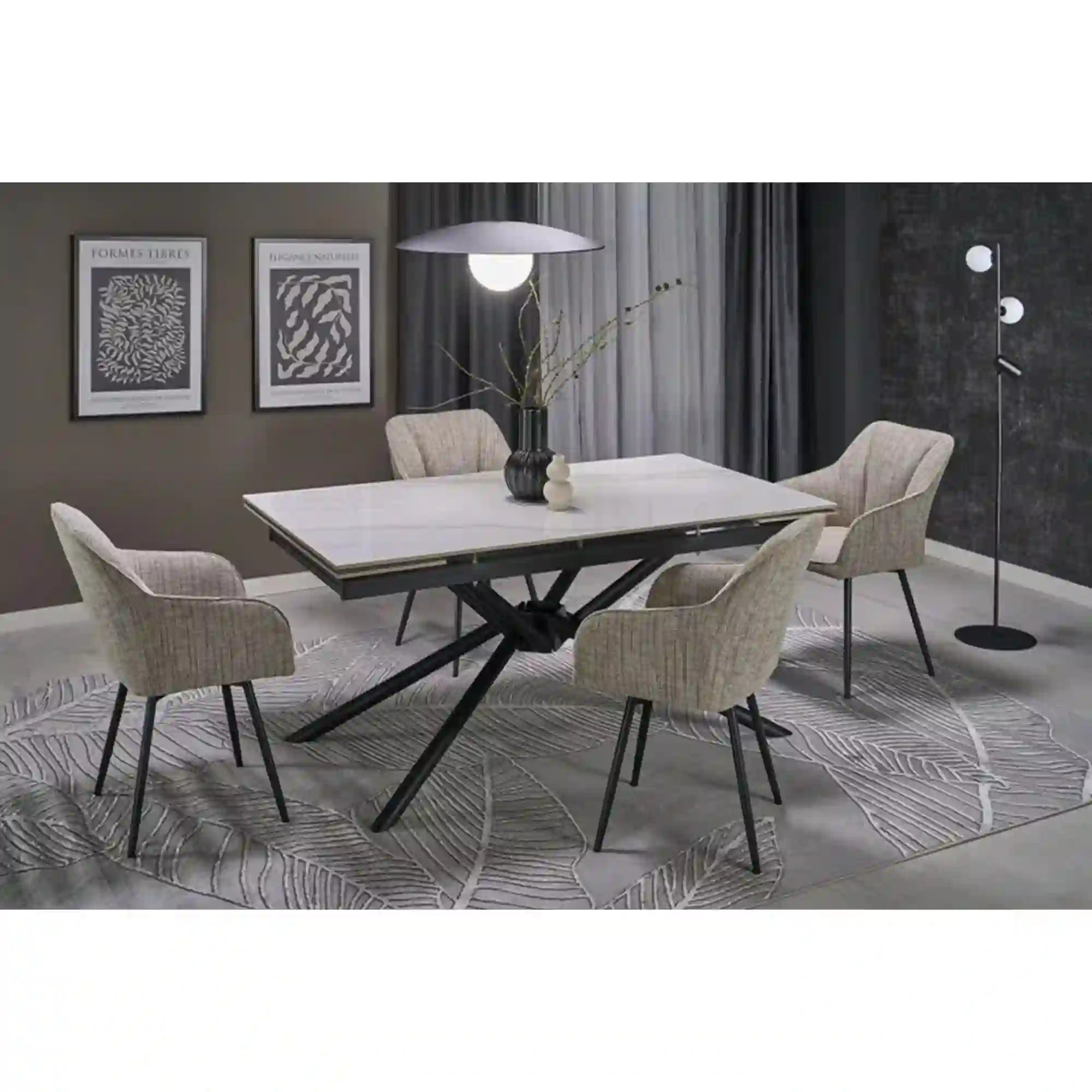 Masa extensibila VITORINO, alb cu efect de marmura/negru, piatra sinterizata/otel, 160/220x90x75 cm