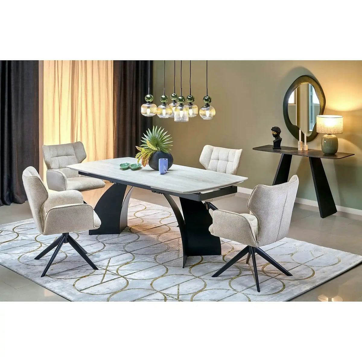 Masa extensibila VITRUS, travertin/negru, piatra sinterizata/metal, 180/260x90x76 cm