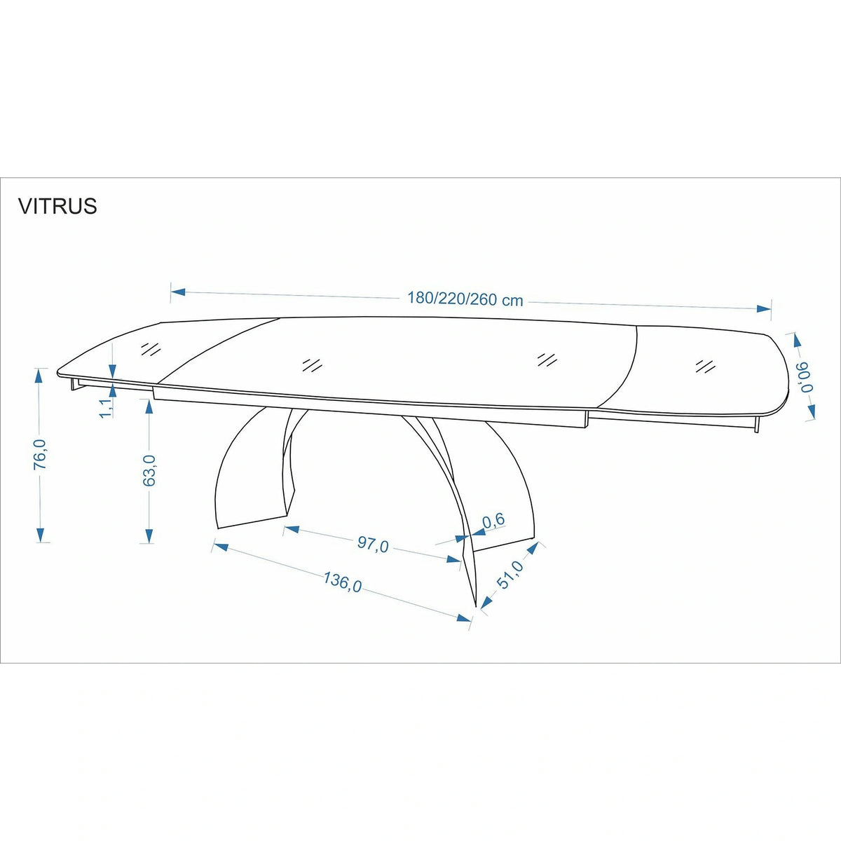 Masa extensibila VITRUS, travertin/negru, piatra sinterizata/metal, 180/260x90x76 cm