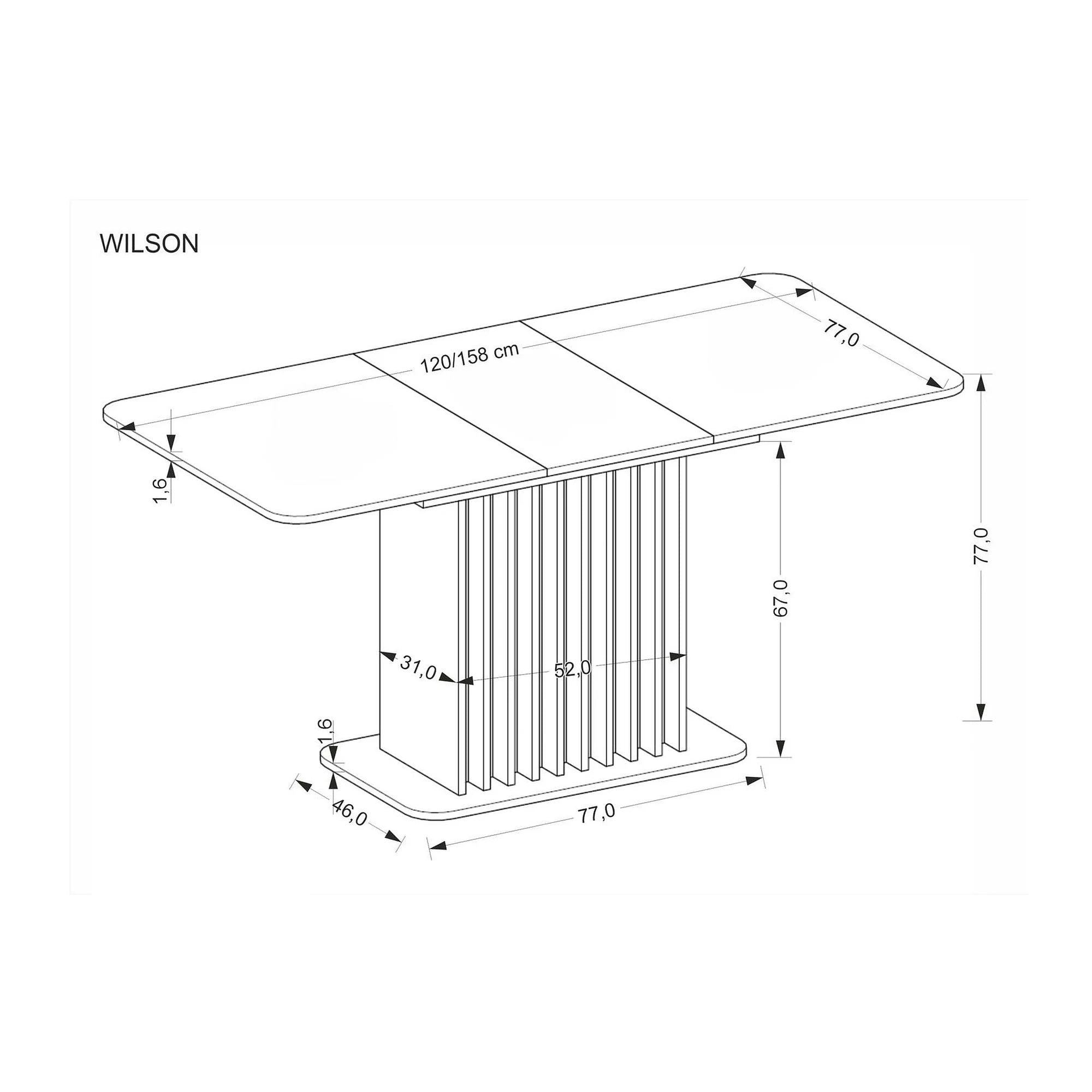 Masa extensibila WILSON, stejar artisan/negru, PAL laminat, 120/158x77x77 cm