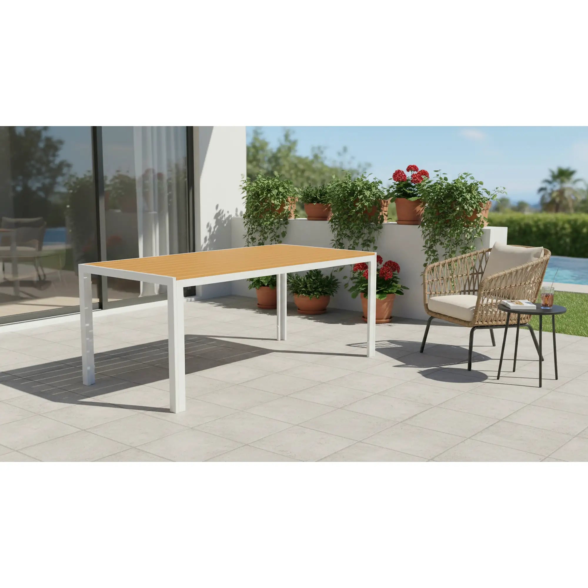 Masa gradina BONTO, alb/stejar, 150x90x73 cm