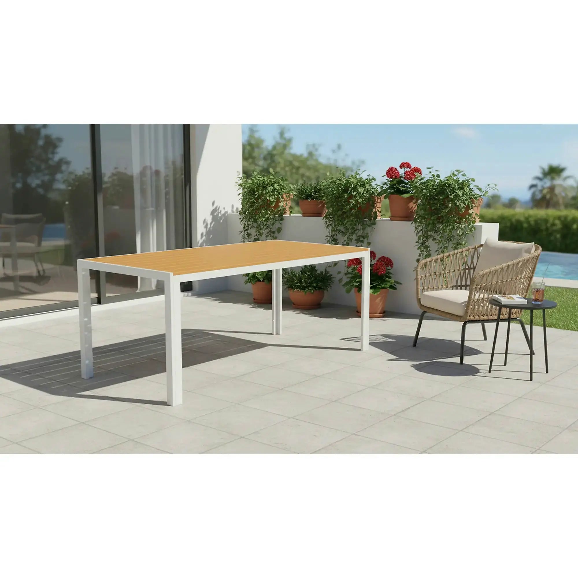 Masa gradina BONTO, alb/stejar, 150x90x73 cm