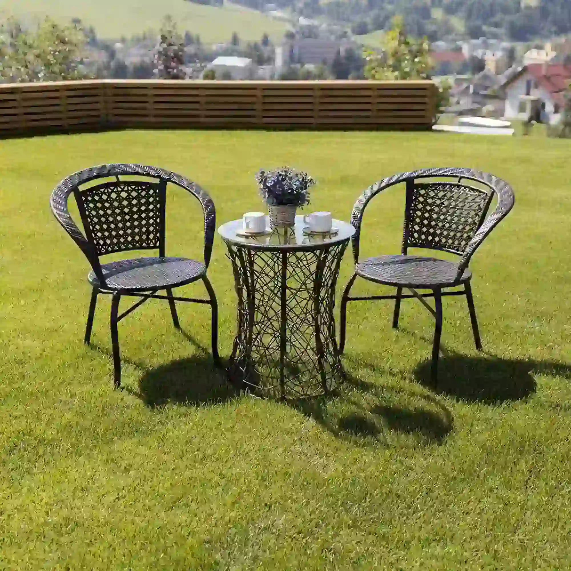 Masa gradina SALMAR NEW, transparent/negru, sticla securizata/rachita artificiala, 50x47 cm