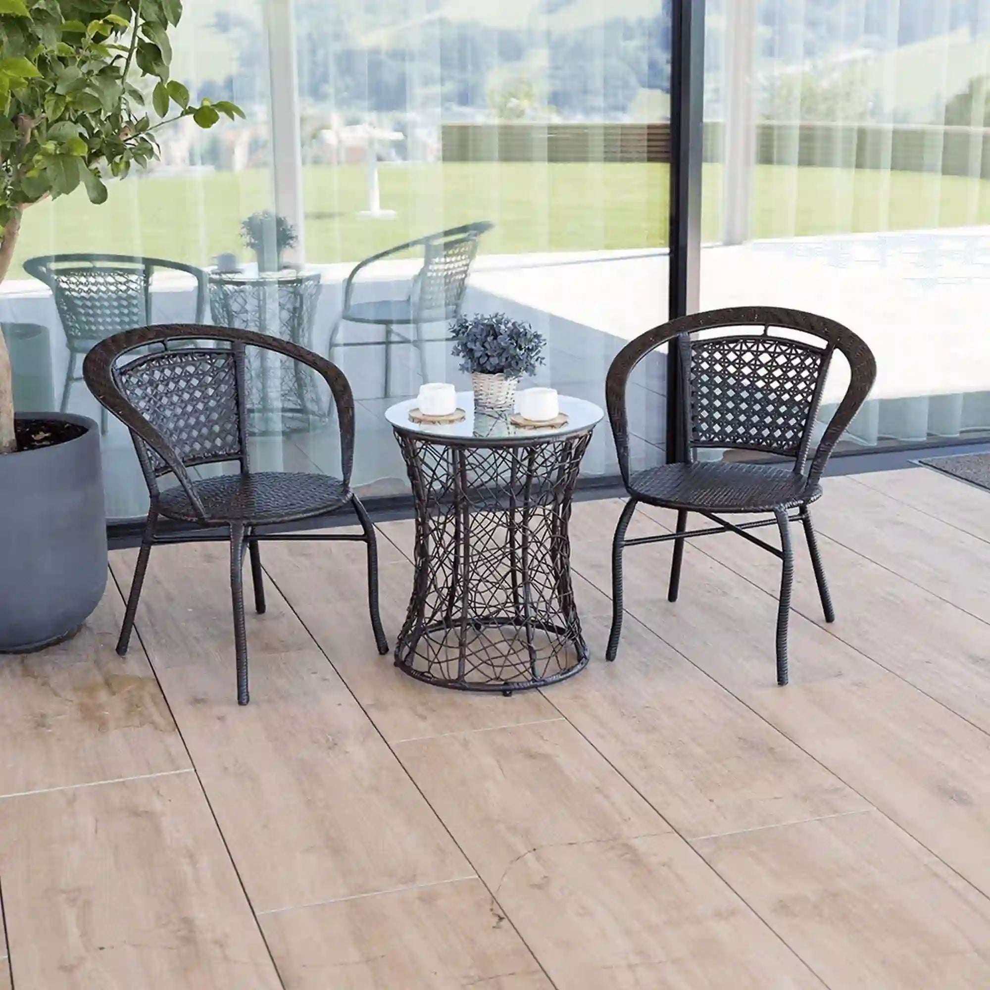 Masa gradina SALMAR NEW, transparent/negru, sticla securizata/rachita artificiala, 50x47 cm