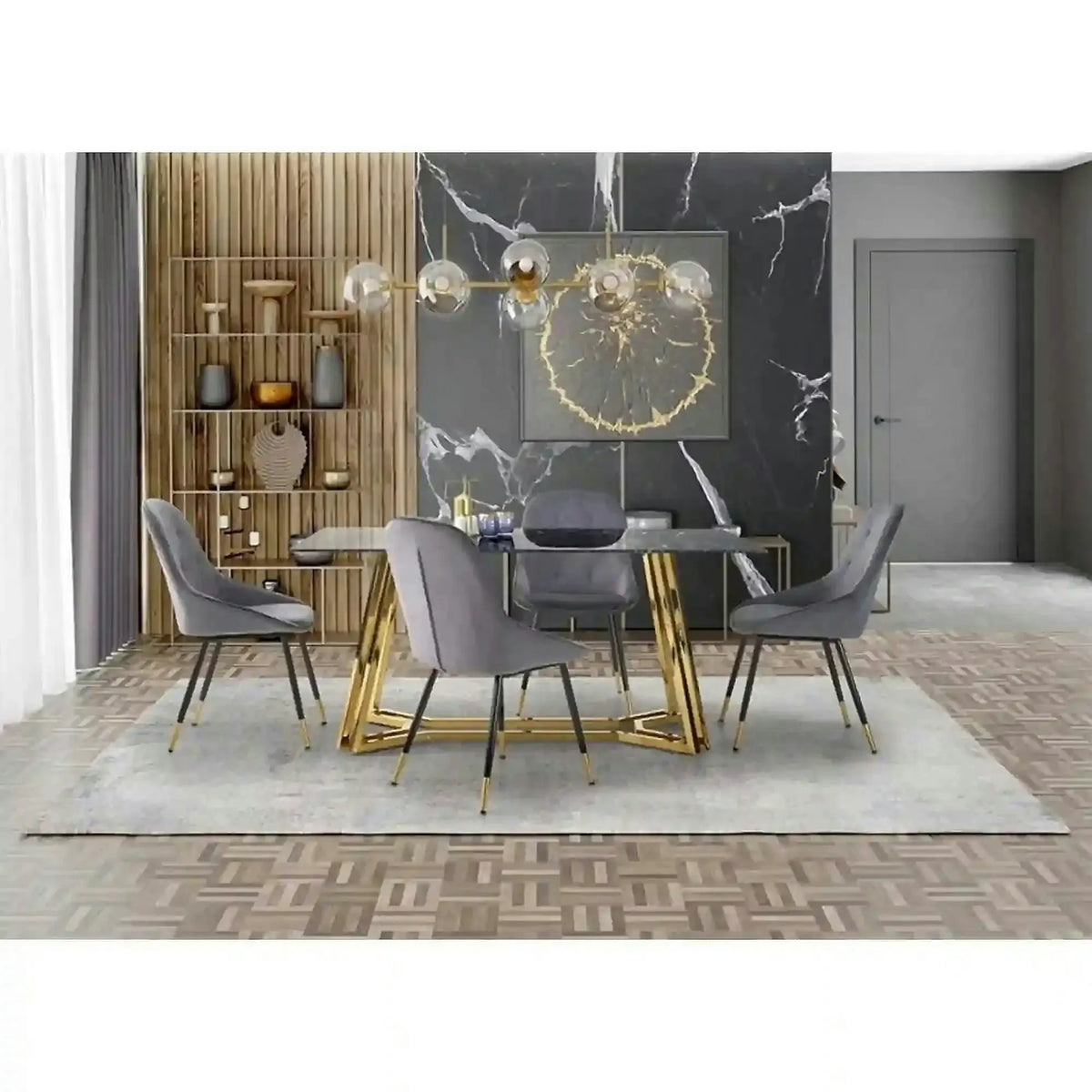 Masa Konami, negru cu efect de marmura/auriu, sticla securizata/otel, 160x90x75 cm
