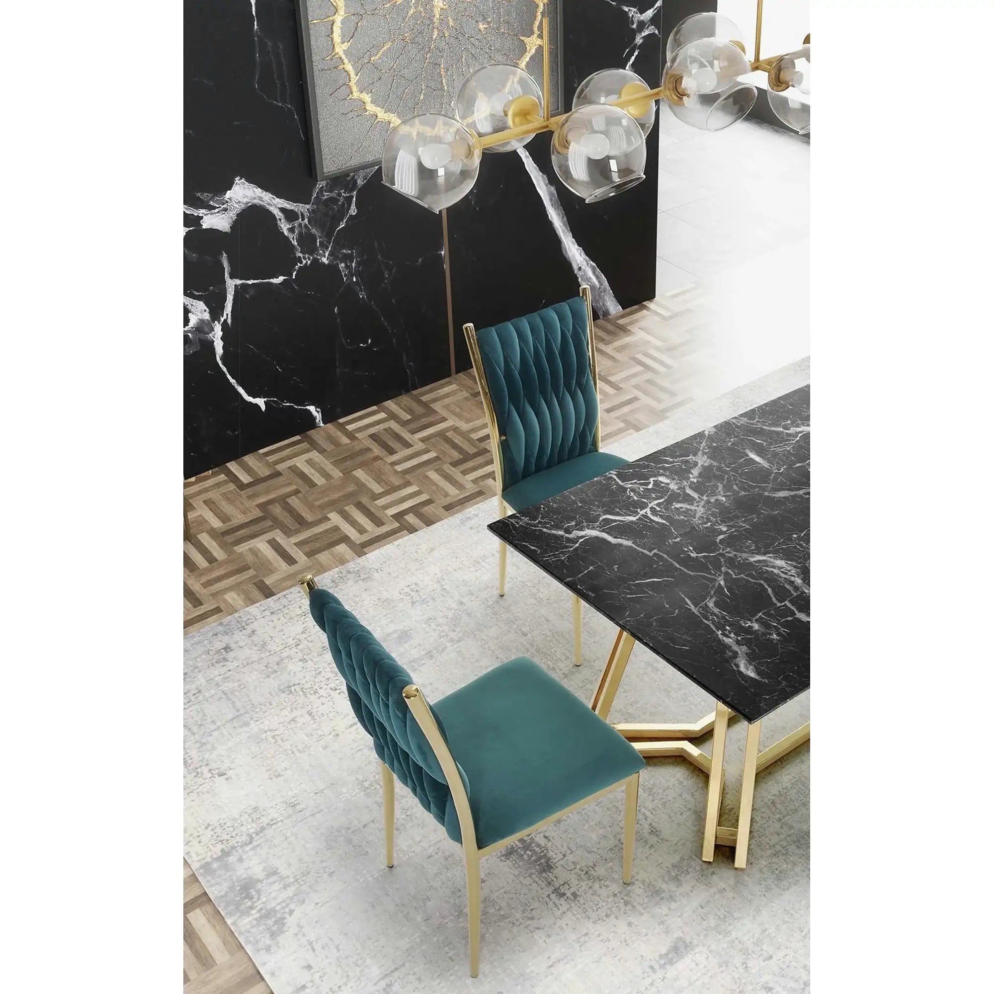 Masa Konami, negru cu efect de marmura/auriu, sticla securizata/otel, 160x90x75 cm