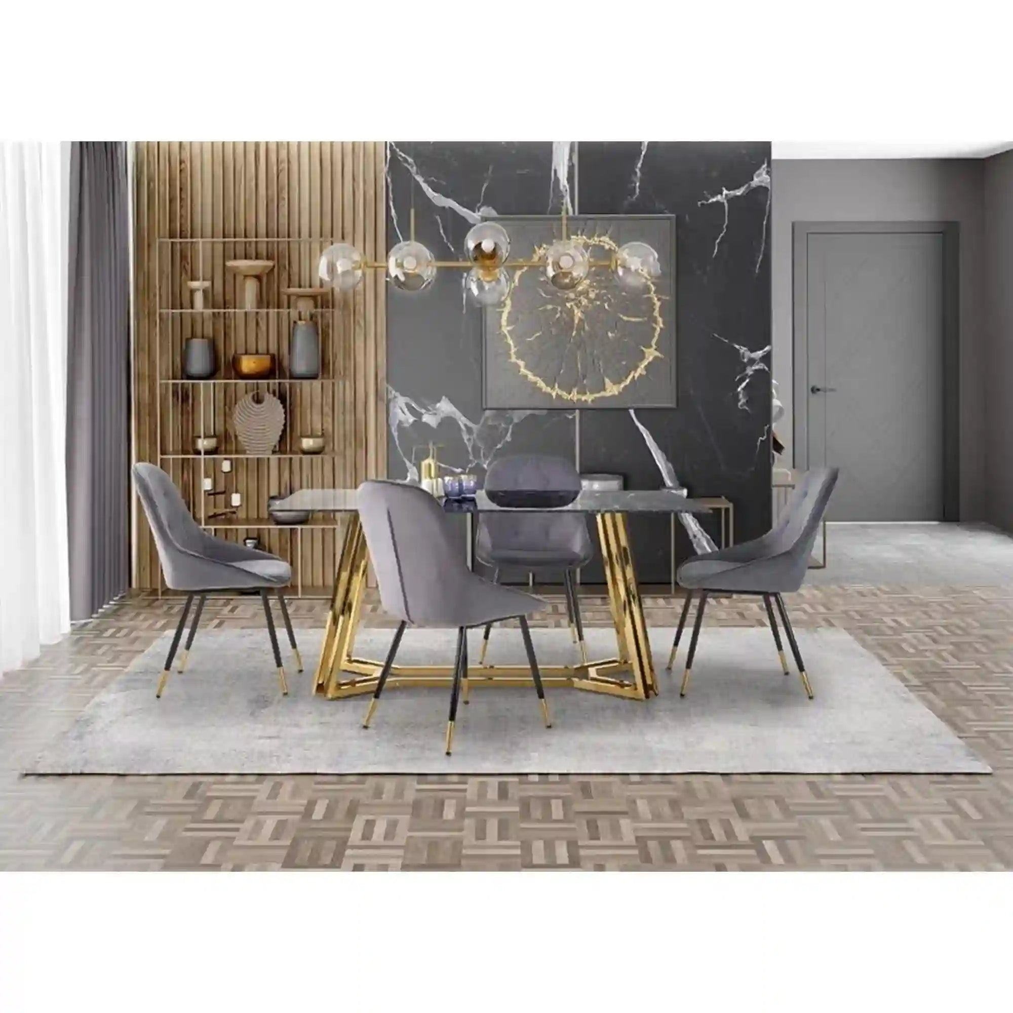 Masa Konami, negru cu efect de marmura/auriu, sticla securizata/otel, 160x90x75 cm