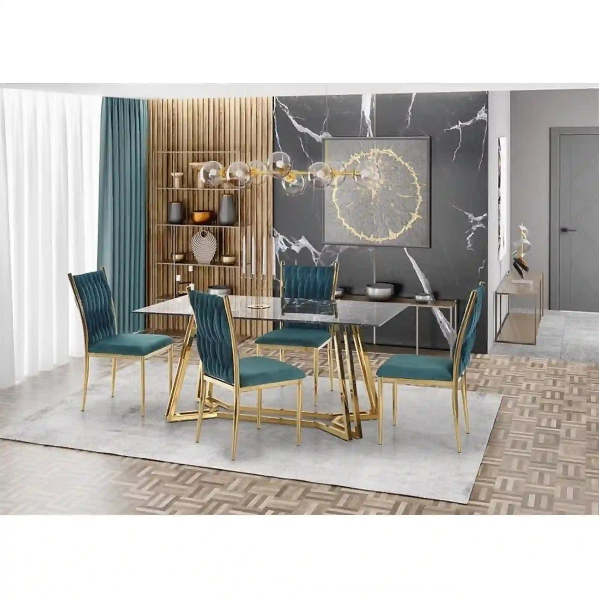 Masa Konami, negru cu efect de marmura/auriu, sticla securizata/otel, 160x90x75 cm