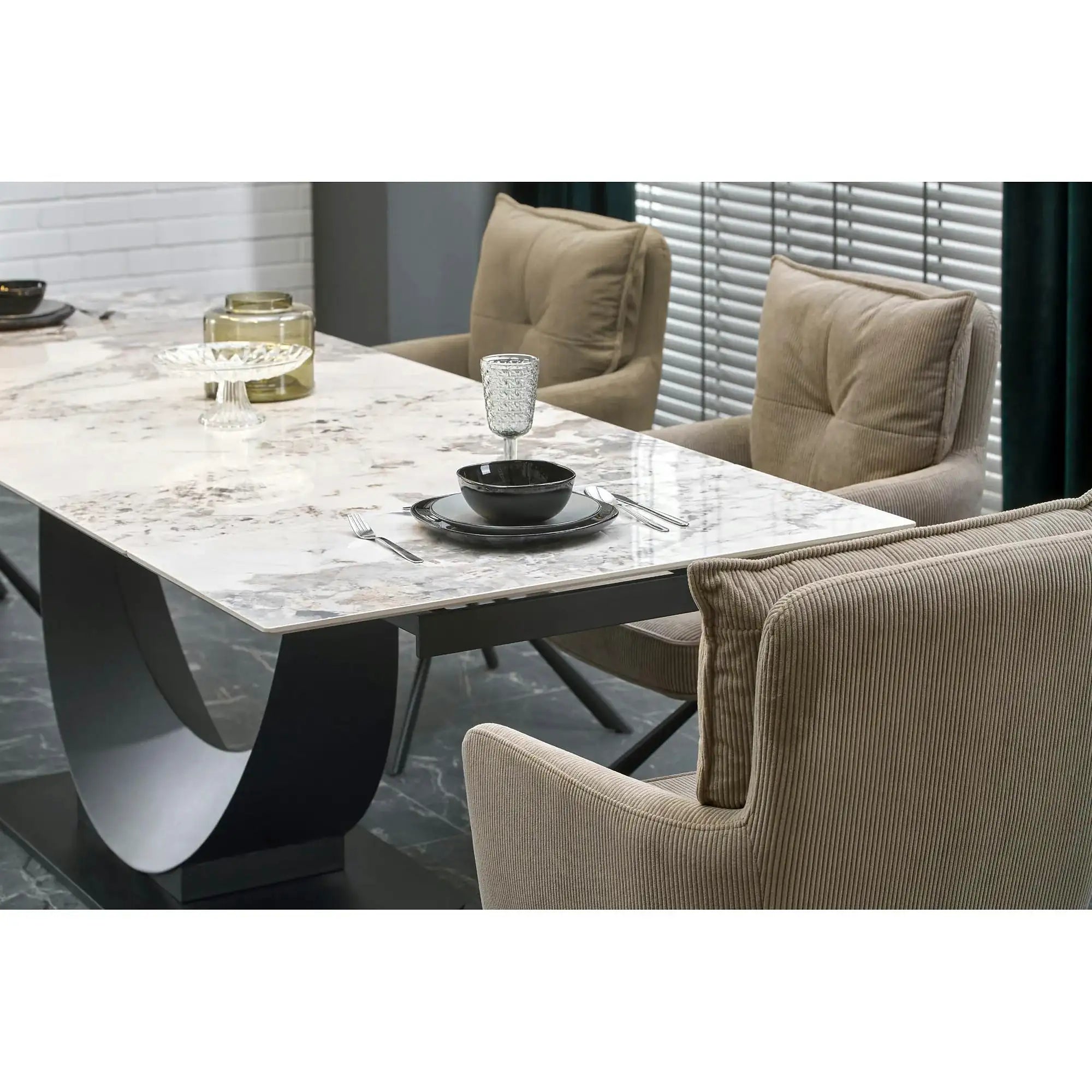 Masa living lux FERNANDO, alb/negru, ceramica/metal, 160/240x92x75 cm
