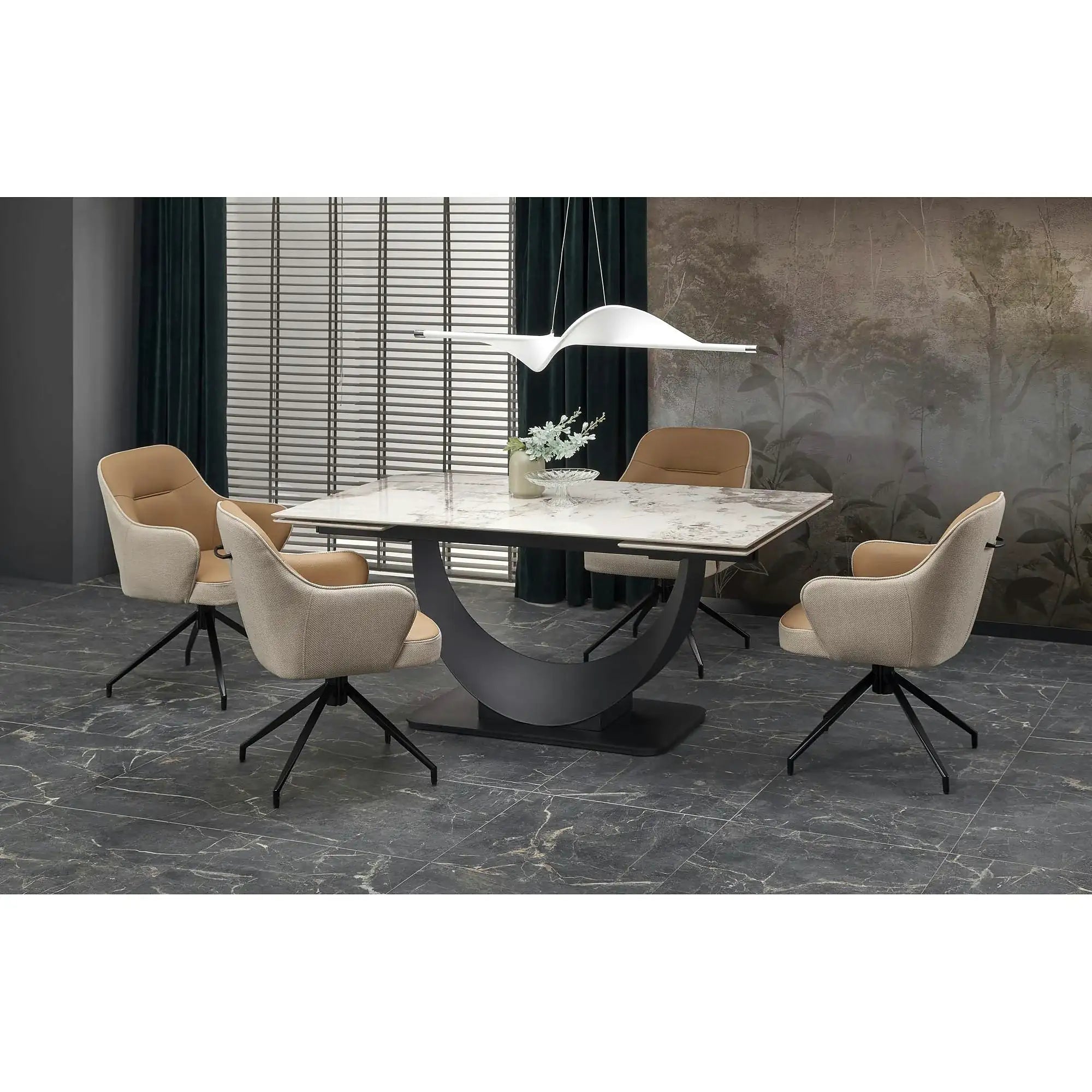 Masa living lux FERNANDO, alb/negru, ceramica/metal, 160/240x92x75 cm