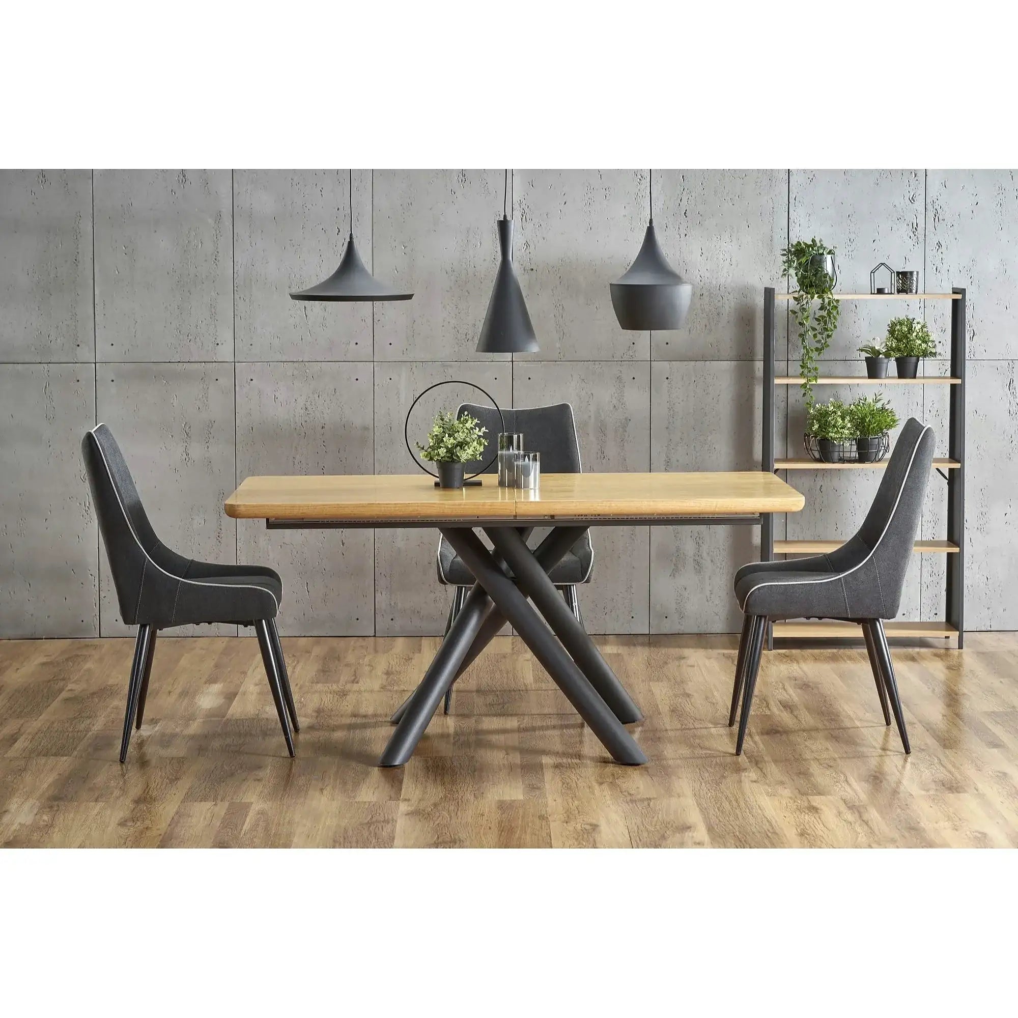 Masa mare living DERRICK, stejar natural/negru, 160/200x90x75 cm