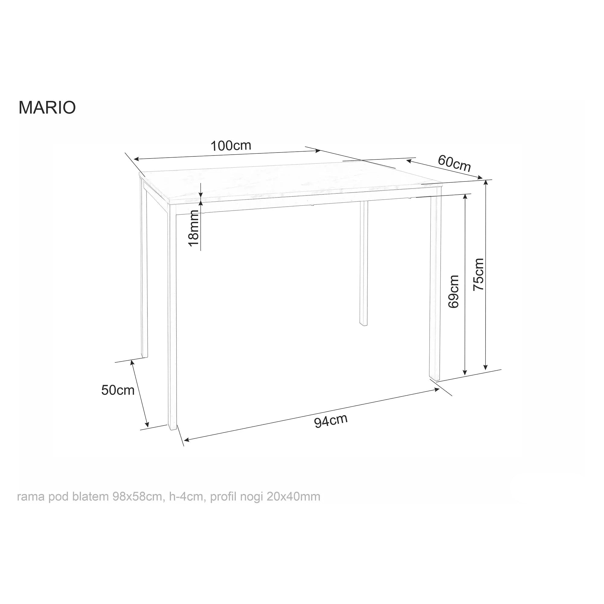 Masă MARIO, alb, PAL laminat/metal, 100x60x75 cm