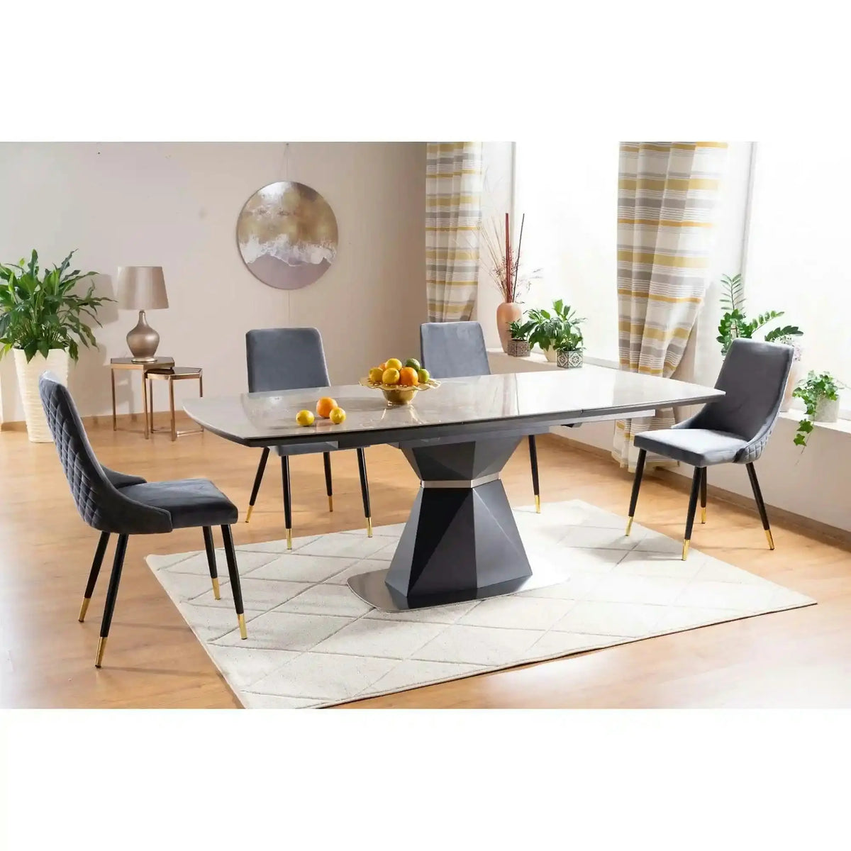Masa moderna dining CORTEZ, gri cu efect de marmura/gri antracit, 160/210x90x76 cm