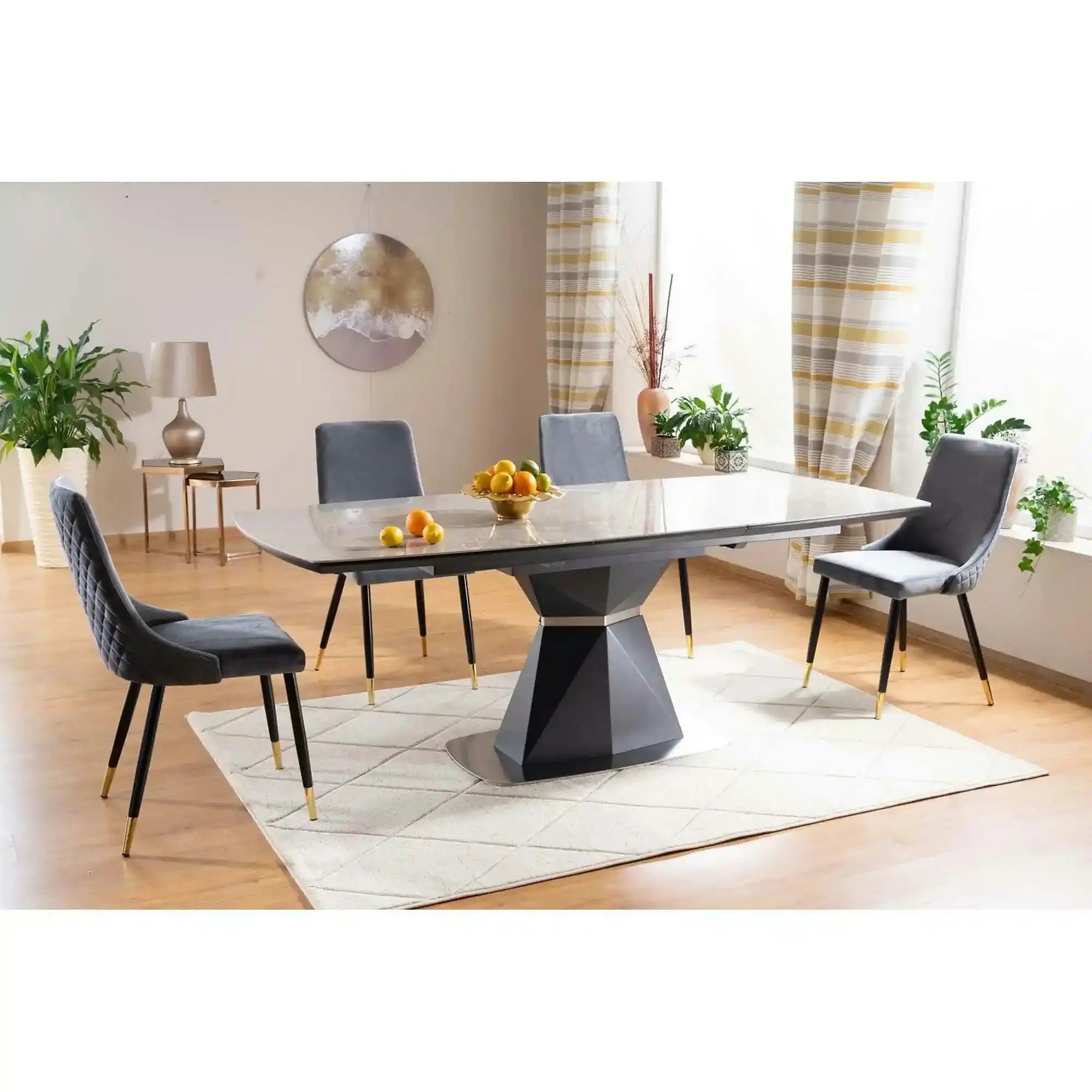 Masa moderna dining CORTEZ, gri cu efect de marmura/gri antracit, 160/210x90x76 cm
